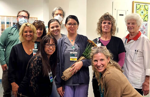 Group photo. From left to right: Emily Comstock, Mackenzie Monahan, PA, Leesa Taft, DNP, Sabra Durkee, Aneil Sirois, Ella Davignon, Steve Smith, MD, Ashley Cole, RN, Clare Drebitko, MD, Tammy Nourse, and Jean Leete. 