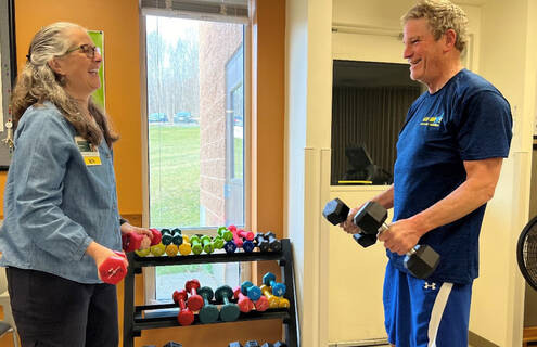 Cardiac Rehabilitation nurse Wendy Hubbard with former patient David Shropshire in MAHHC Rehabilitation Center. 